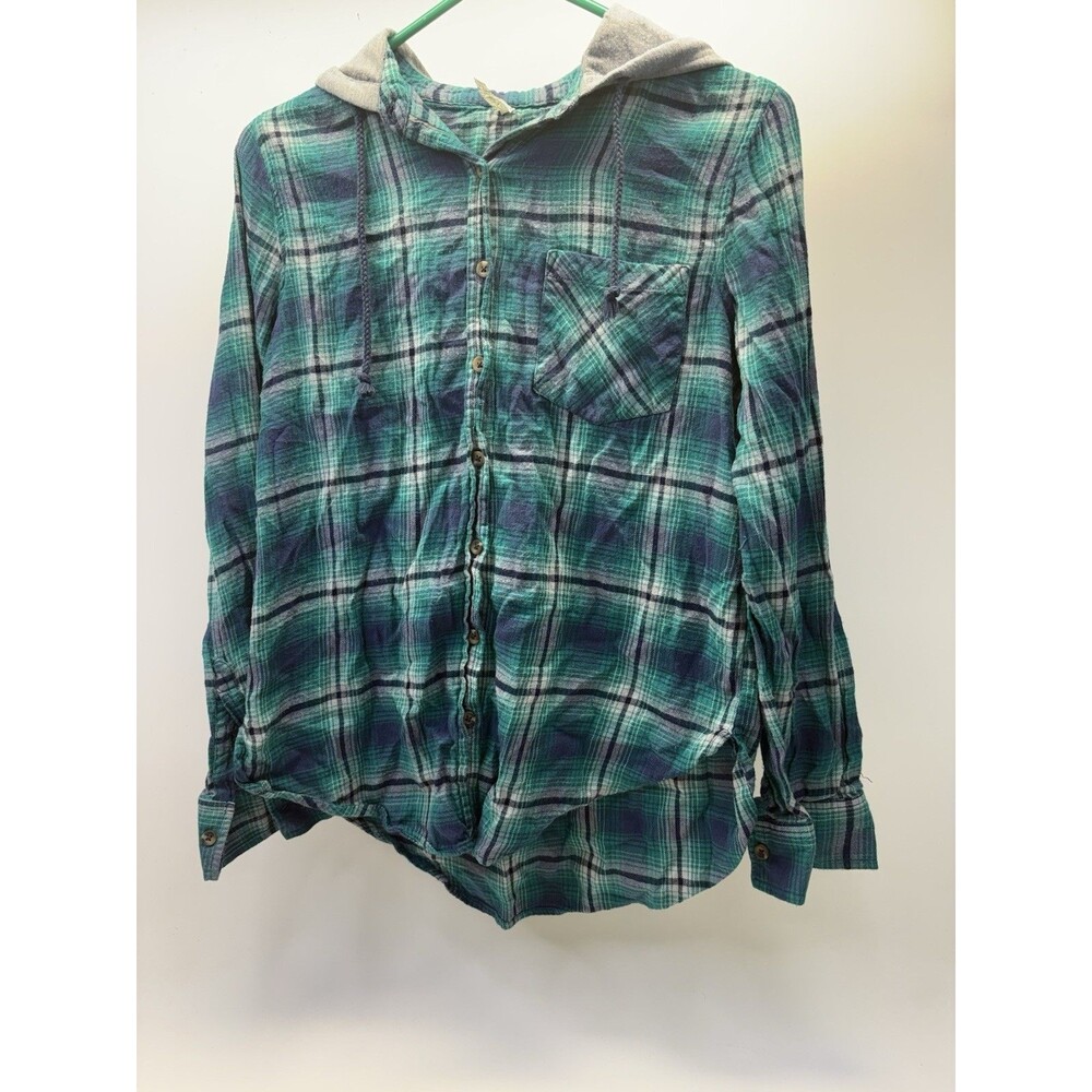 Mudd Plaid Flannel Hoodie Shirt Green Blue Gray Hood Button Up Women’s M